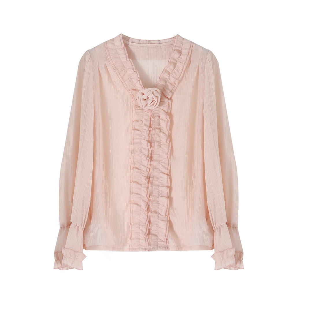 法式温柔风粉色木耳边上衣2025春季新款设计感小众精致玫瑰花衬衫