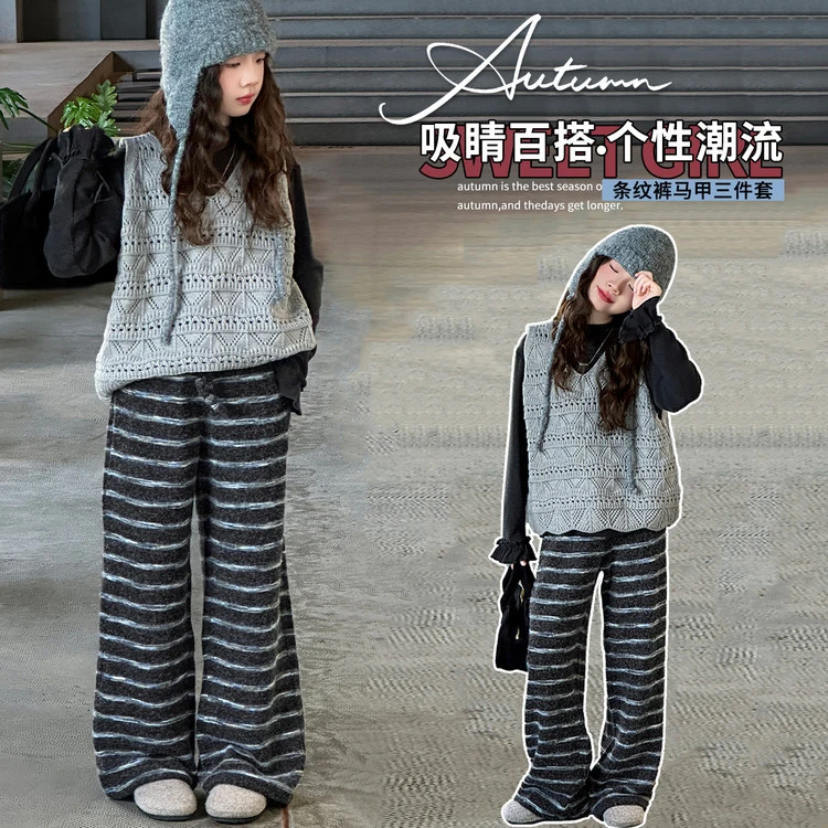 儿童套装秋季2025新款超好看的慵懒风松弛感阔腿直筒长裤