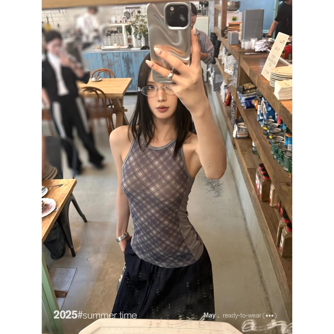 SUNONEONE 无袖拼接网纱上衣女夏季印花格子修身背心吊带D0187D