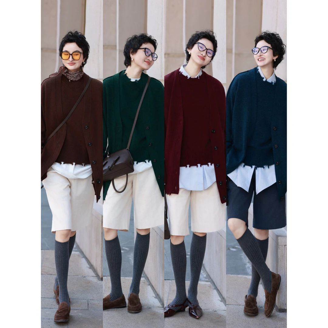 【小王子】毛边羊毛开衫 马甲 羊绒中裤套装