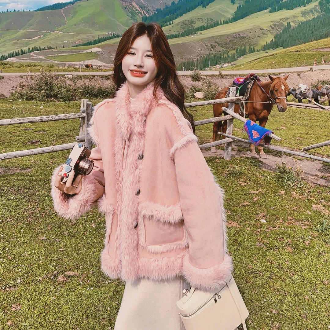粉色酷飒风两面穿皮毛一体羊羔毛外套女冬2025新款超好看爆款棉服