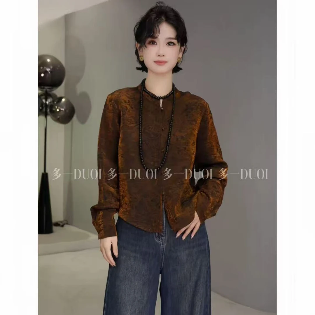 多一“鎏金”2025早秋复古新中式小立领单排扣暗纹提花气质百搭上衣