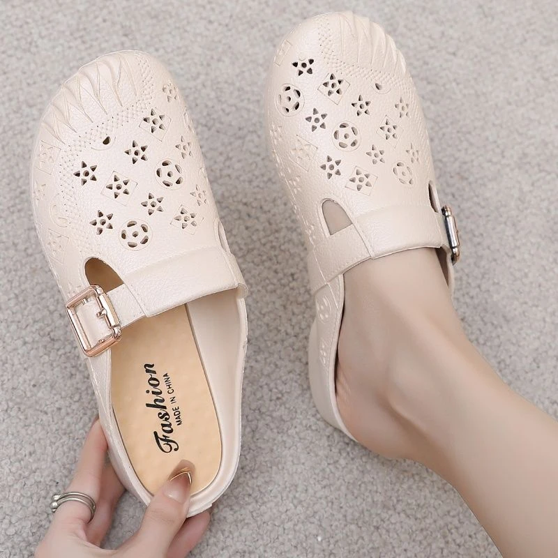 新款防滑女士外夏季妈妈拖鞋包头平底复古软底洞洞家居包头鞋渔网