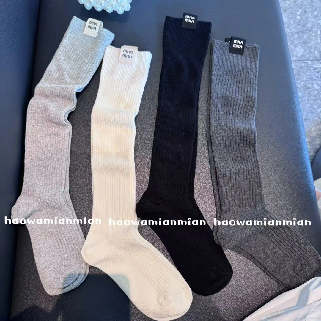 新款简约小腿堆堆袜春秋款百搭休闲布标饰品袜ins欧货加长版潮