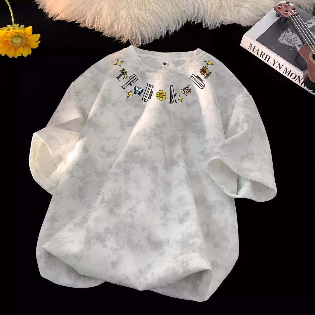 300斤大码港风潮流时尚扎染纯棉短袖T恤男女夏季新款宽松显瘦上衣