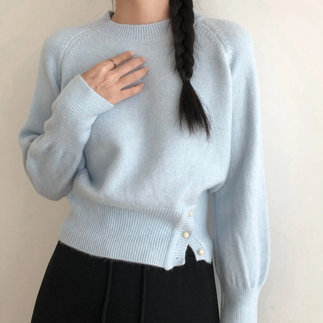 复古加厚针织衫秋冬新款韩版设计感下摆扣子圆领套头毛衣