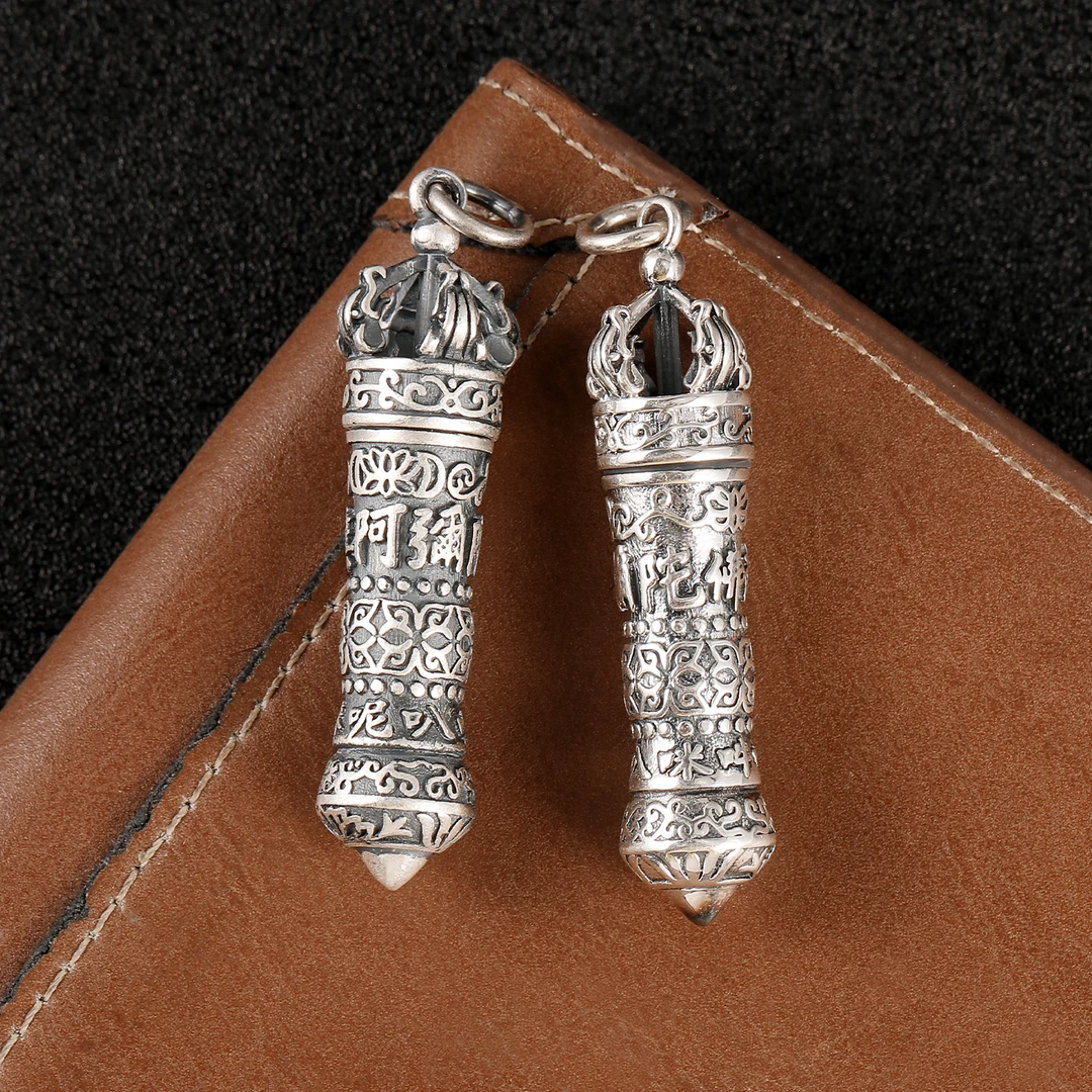 吊坠足银 南无阿弥陀佛嘎乌盒吊坠纯银楞严咒五棱宝杵链坠男士款