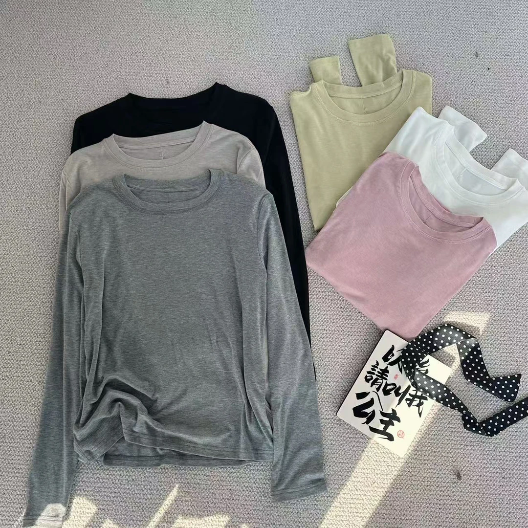 ［精选推荐］新韩版百搭修身显瘦时尚纯色圆领长袖打底上衣T恤 6132