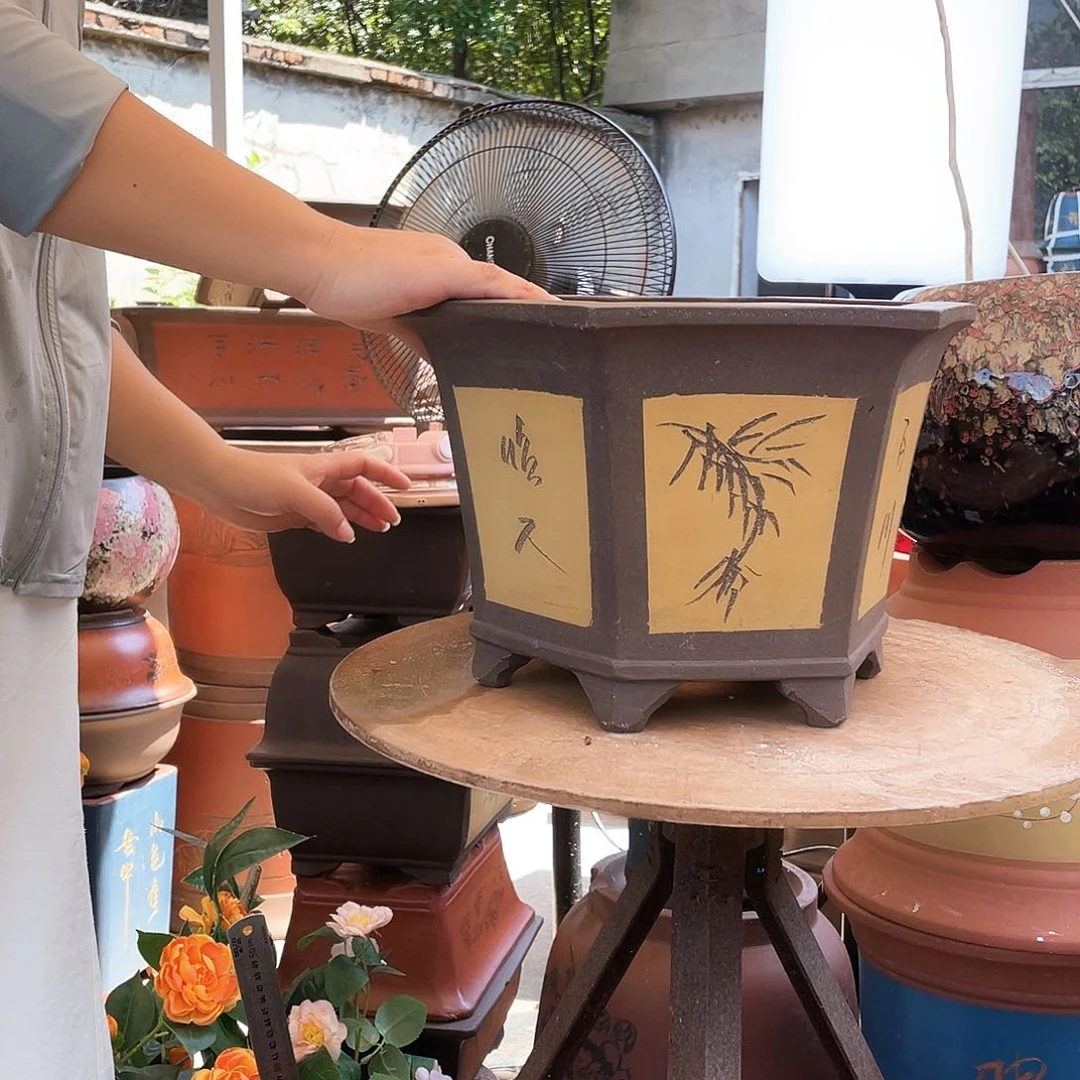 32黄六方花盆紫砂花盆紫砂