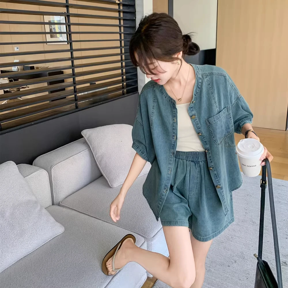 夏季盐系甜酷炸街小牛仔短裤上衣两件套女小个子大码宽松外穿套装