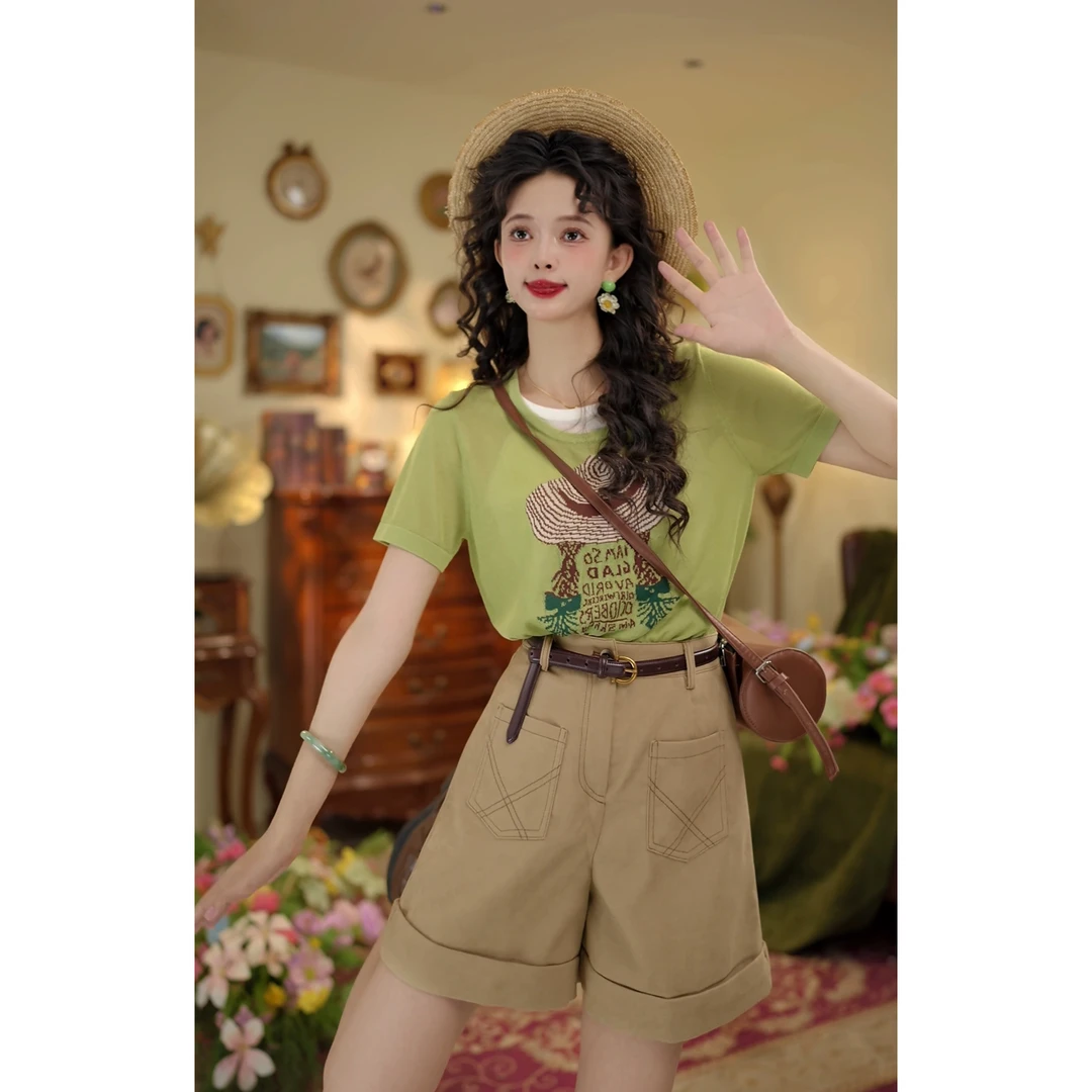 扣子家【草帽】复古港风夏季薄款短袖T恤设计休闲针织上衣KC1988601