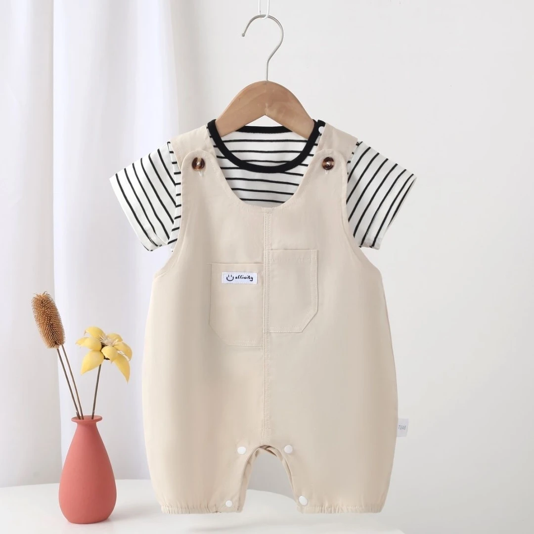 婴儿衣服春夏秋装条纹背带裤外出服洋气连体男女宝宝两件套套装