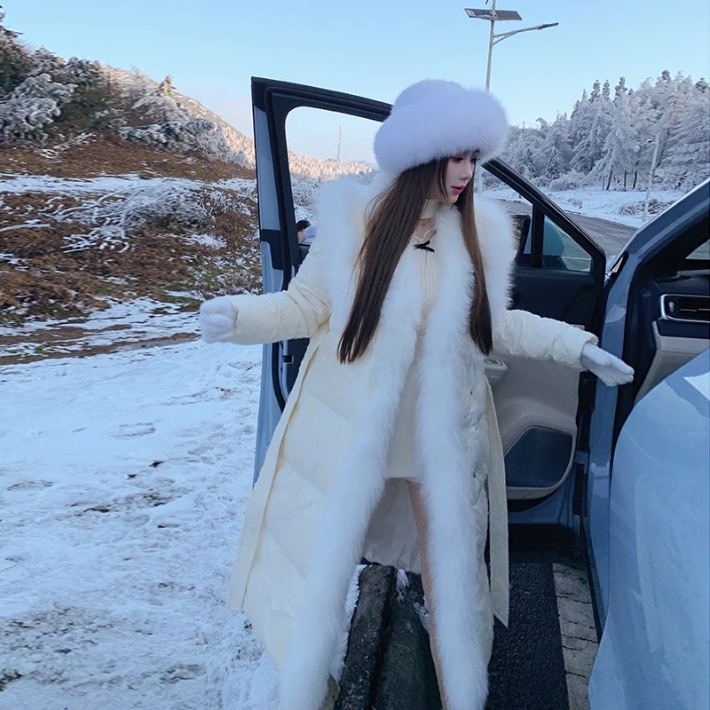 冰冰来了白露落霜重工提花轻奢狐狸毛羽绒服长款白鸭绒外套26531