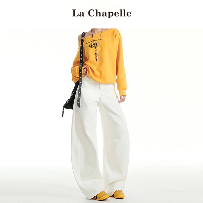 拉夏贝尔白色镰刀牛仔裤女春秋季新款高腰遮胯显瘦香蕉阔腿弯刀裤