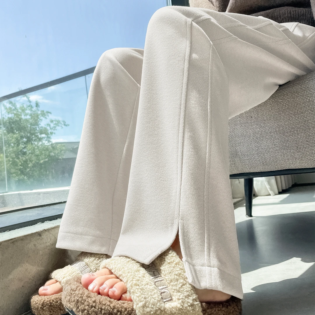 米白毛呢阔腿裤女秋冬2025新款小个子开叉加绒加厚高腰窄版直筒裤