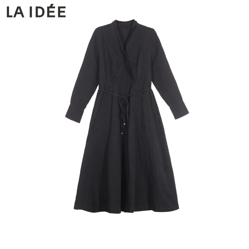 【粉丝专享】LAIDEEV领秋季女式收腰衬衫裙长裙设计师中长款黑色