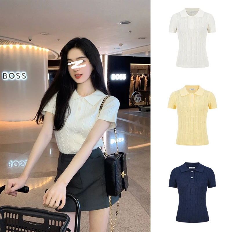 Moses Queen/魔西女王polo领学院风针织短袖麻花纽扣时髦凉感上衣