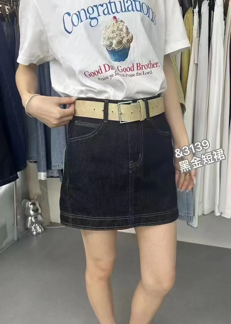 新款休闲牛仔半身短裙女黑金色3139
