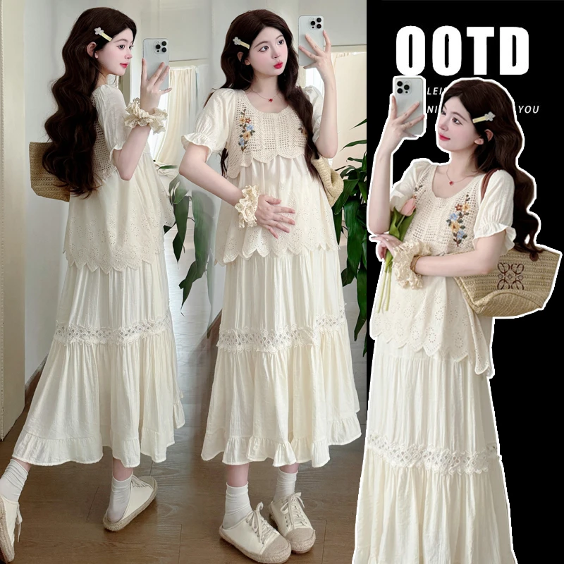 【梵兮家】孕妇装夏季花园风新款时尚法式刺绣上衣+半身裙两件套