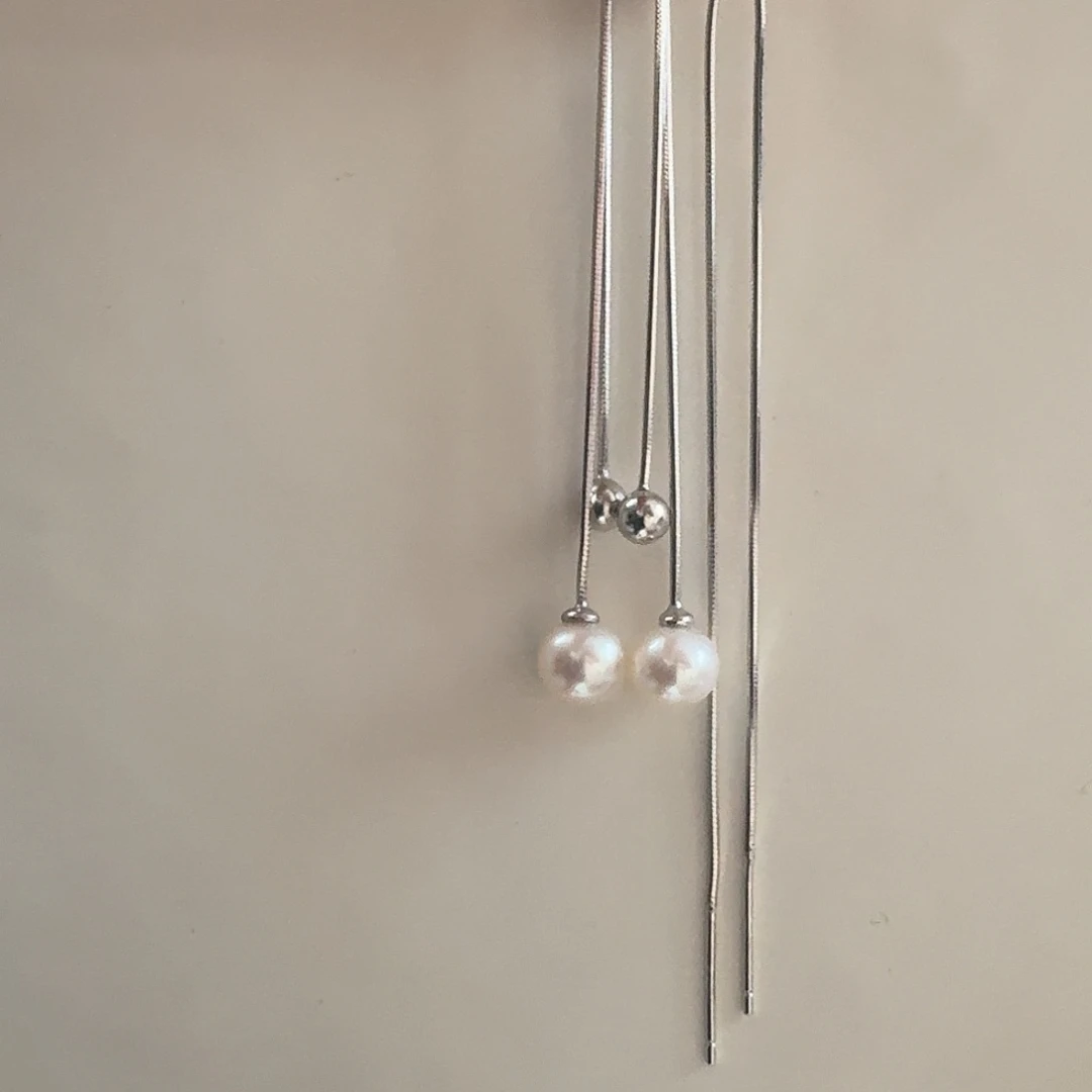 淡水珍珠耳饰银S925镶嵌长款耳线