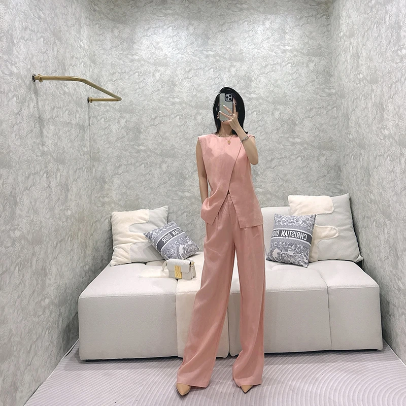 CELLENDI宽松穿搭无袖职场纯色简约亚麻夏季时尚气质时尚透气套装