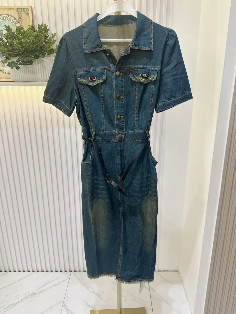 【JXZ8101复古蓝】2025年新款棉牛仔圆领假两件夏季连衣裙