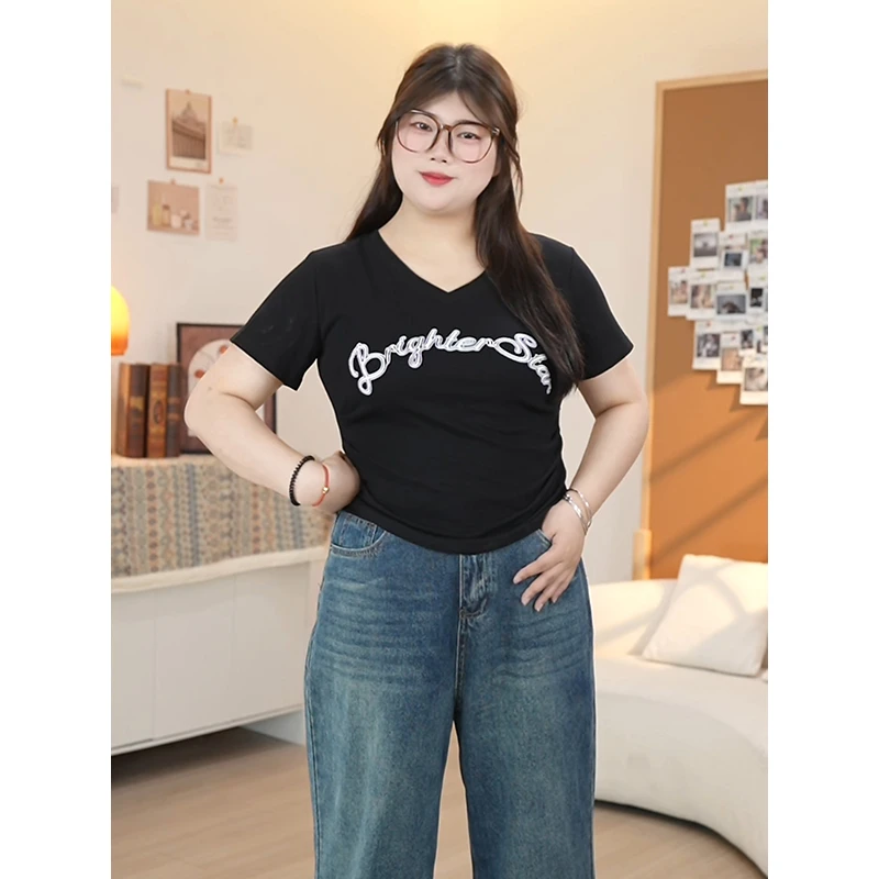 【程雪专属】显瘦遮肉大码辣妹上衣微胖mm短袖T恤2025洋气衣服女