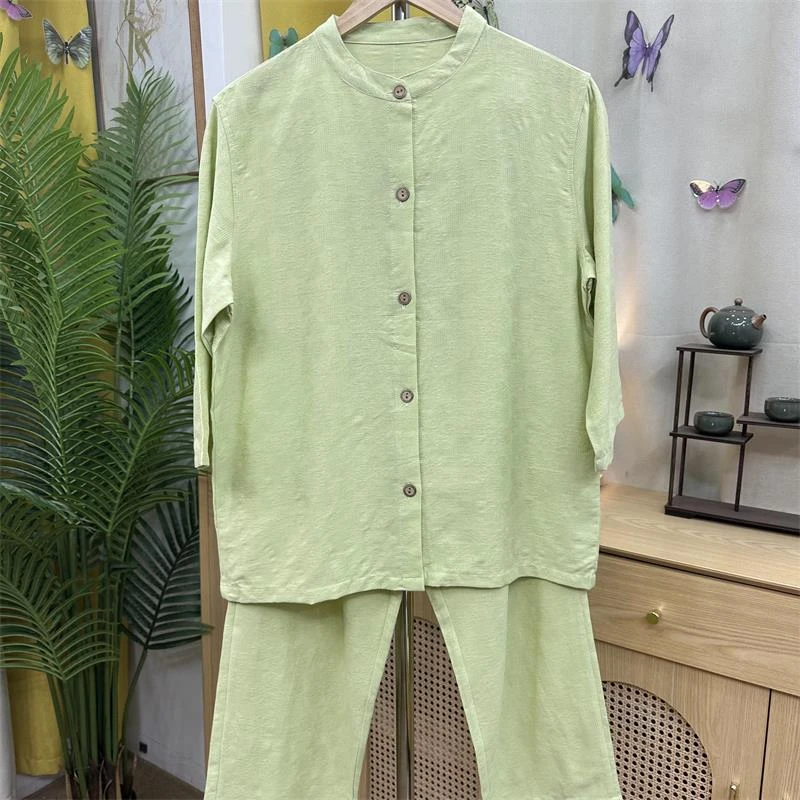 华夫格纯色家居宽松女款七分袖长裤纯棉套装