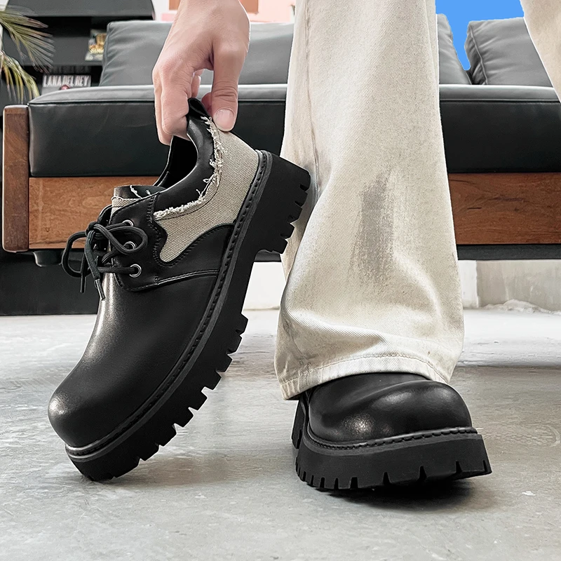 黑色德比鞋男圆头夏季乐福鞋时尚韩版休闲透气个性增高英伦风皮鞋