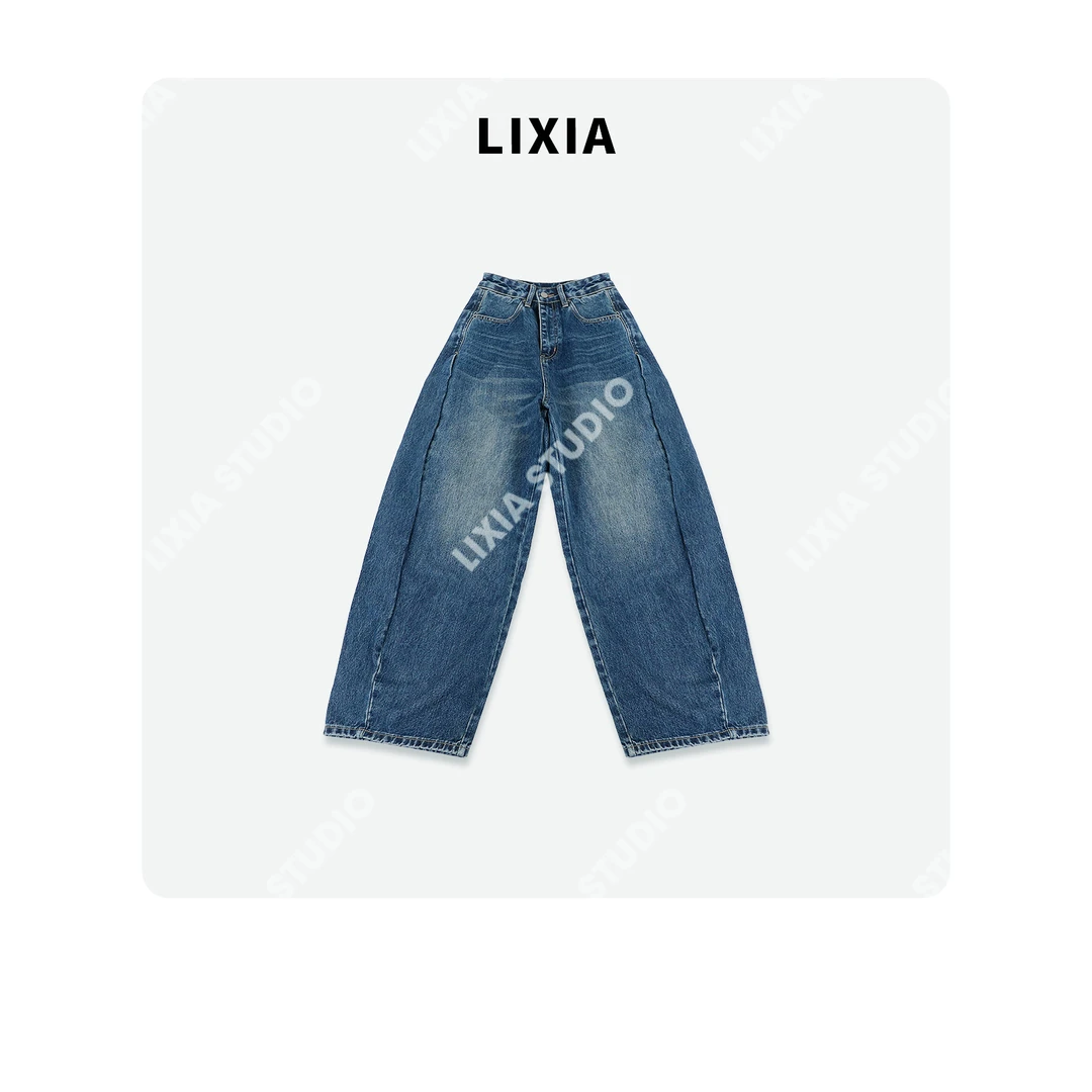 LIXIA【浅风】INS街头风复古水洗牛仔微弯刀阔腿牛仔裤-D9399