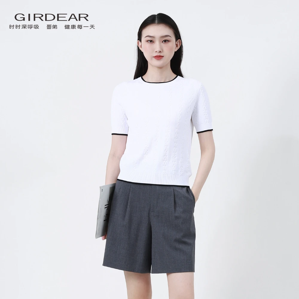 GIRDEAR/哥弟138048哥弟夏季百搭 圆领领口撞色 白色针织短袖T恤