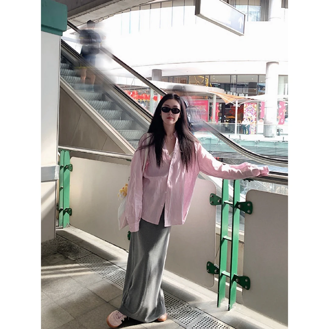 慵懒风纯色宽松休闲衬衫女夏季薄款防晒衫透气衬衣
