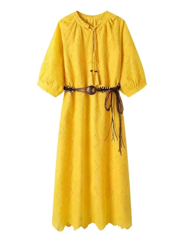 【钻石姐专享】高镂空长裙清莹复古气质连衣裙气质黄色夏季夏装