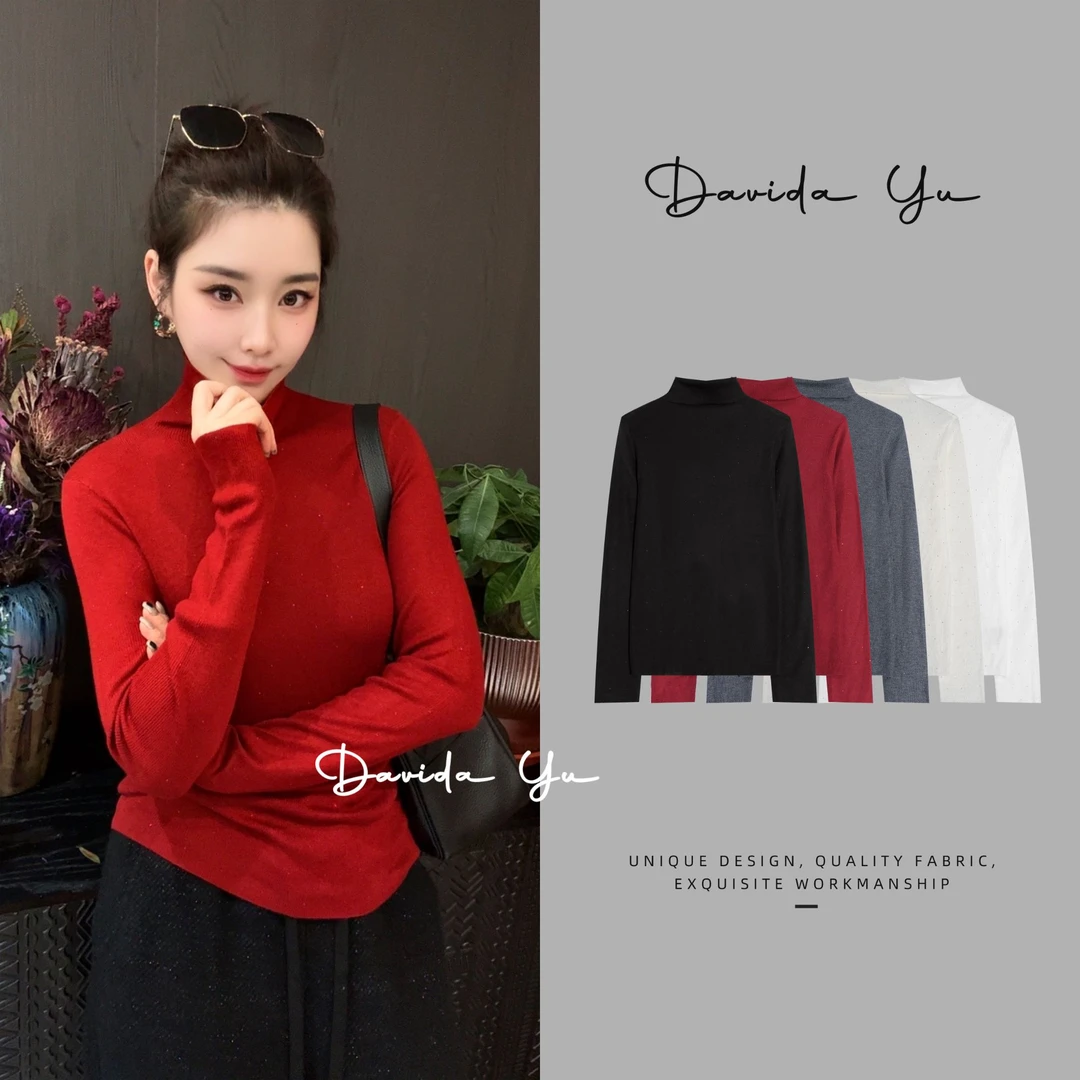 Davida Yu【发财红】山羊绒绵羊毛打底冬季烫钻高领针织衫6131