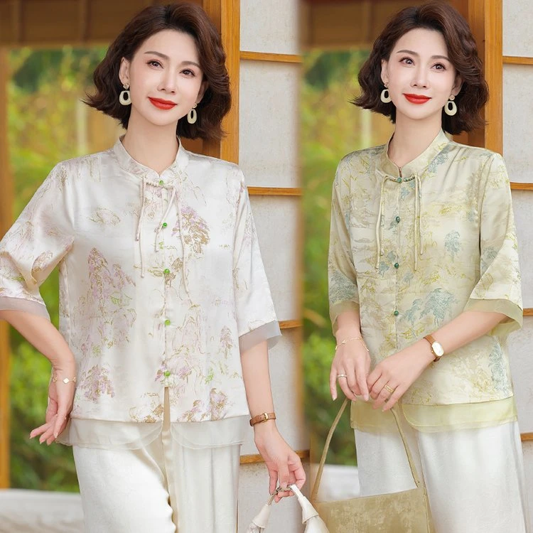 中年妈妈夏装七分袖衬衫中老年女装新中式国风小衫洋气中袖T恤