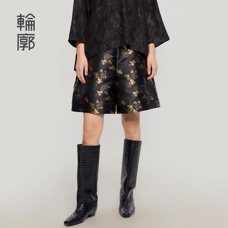 轮廓金叶子短裤宽松提花时尚休闲百搭阔腿裤子新中式L251K006秋冬