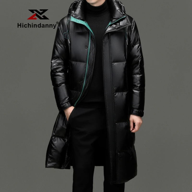 HICHIN亮面羽绒服连帽长款保暖男士冬季过膝大衣时尚休闲羽绒外套