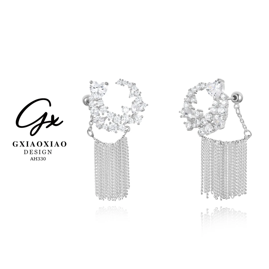 铜合金合成锆石耳饰 GXX 高级感气质星芒环绕月牙流苏耳环 AH330