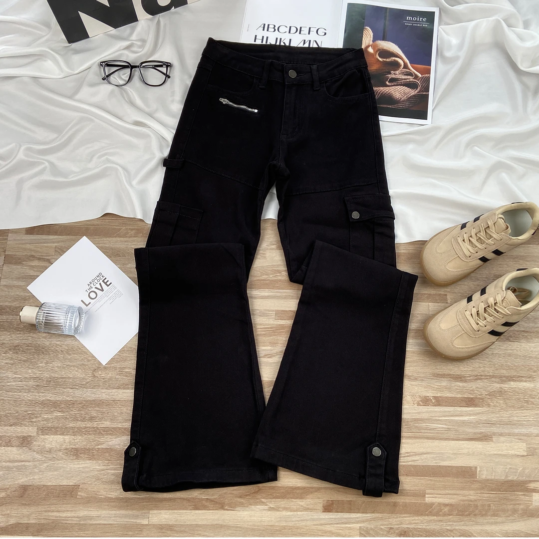 拽酷高街~工装微喇牛仔裤女秋季2025新款中低腰显瘦口袋拉链喇叭