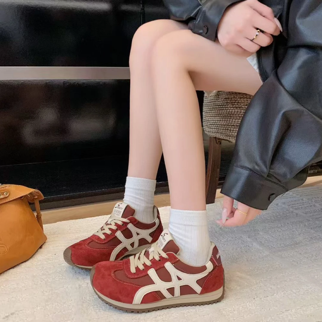 801 复古风拼色真皮红色德训鞋女运动休秋新款百搭阿甘鞋女鞋m3