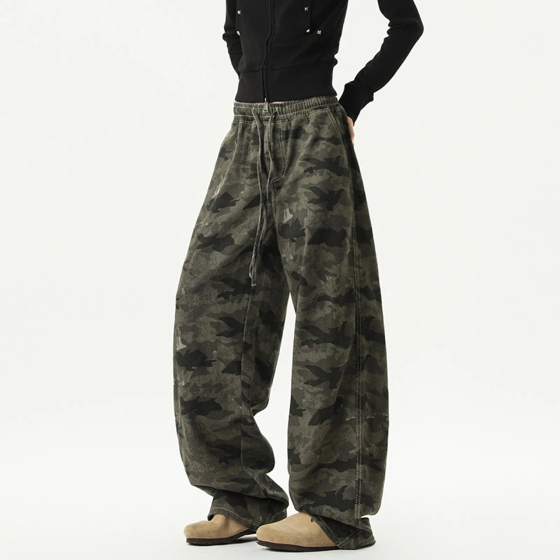美式迷彩复古经典做旧水洗宽松牛仔裤男女美式休闲松紧系带阔腿裤