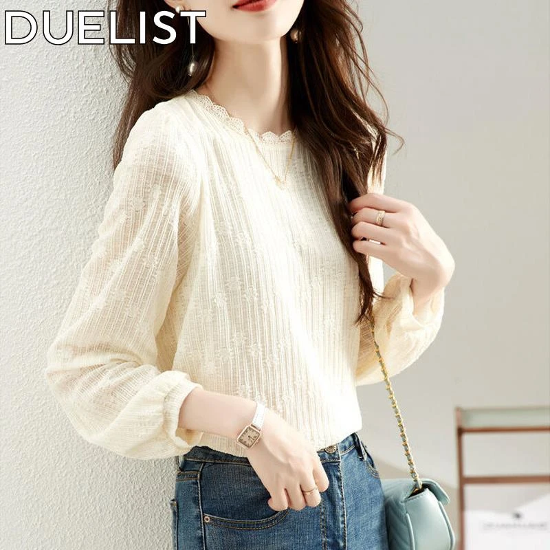 DUELIST新款灯笼袖蕾丝打底衫女高级感时尚洋气小衫内搭长袖上衣
