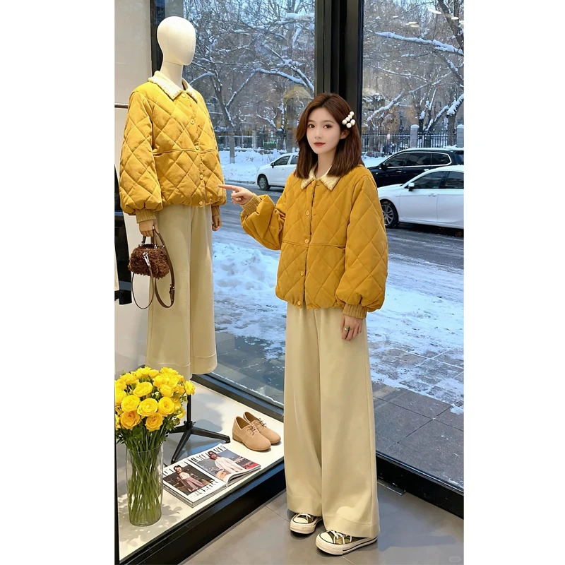 宽松纯色气质菱格设计棉服外套2025冬季新款复古港风棉衣减龄女装