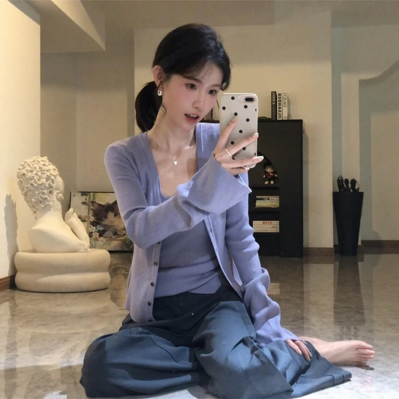 巨好看的早秋韩系穿搭chic别致紫色针织开衫外套吊带两件套上衣女