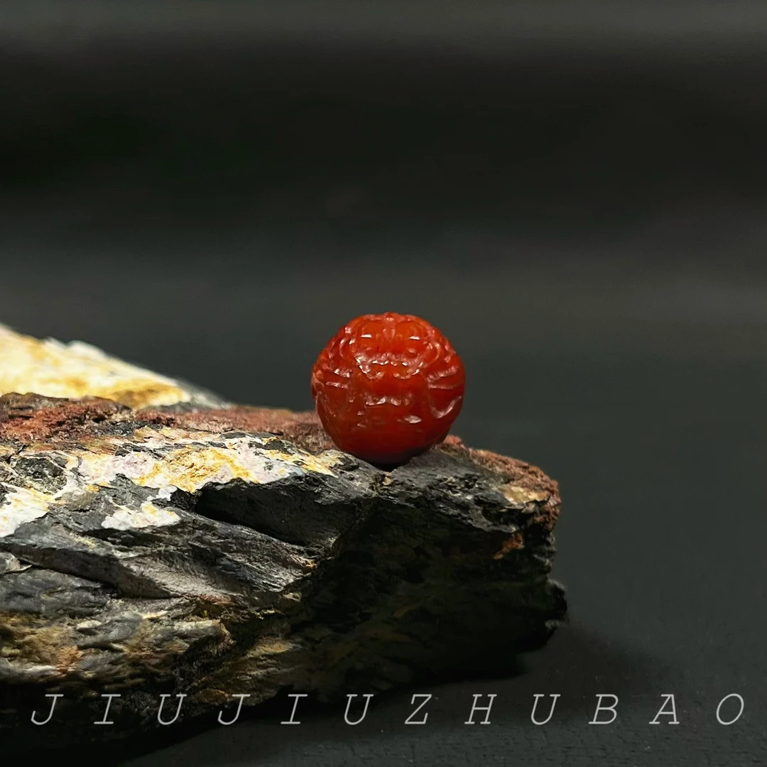 【九玖】L9032天然南红玛瑙牛血红精雕龙珠手串配珠约13mm【一颗装】