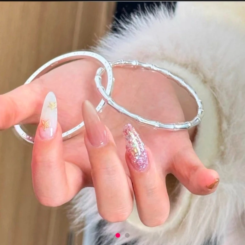 足银手镯 足银37号双环竹节足银999手镯实心闭口四叶草好运双环手