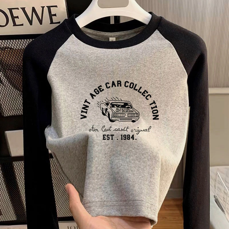 圆领正肩长袖t恤女修身打底衫简约时尚百搭拼色插肩上衣春秋冬季