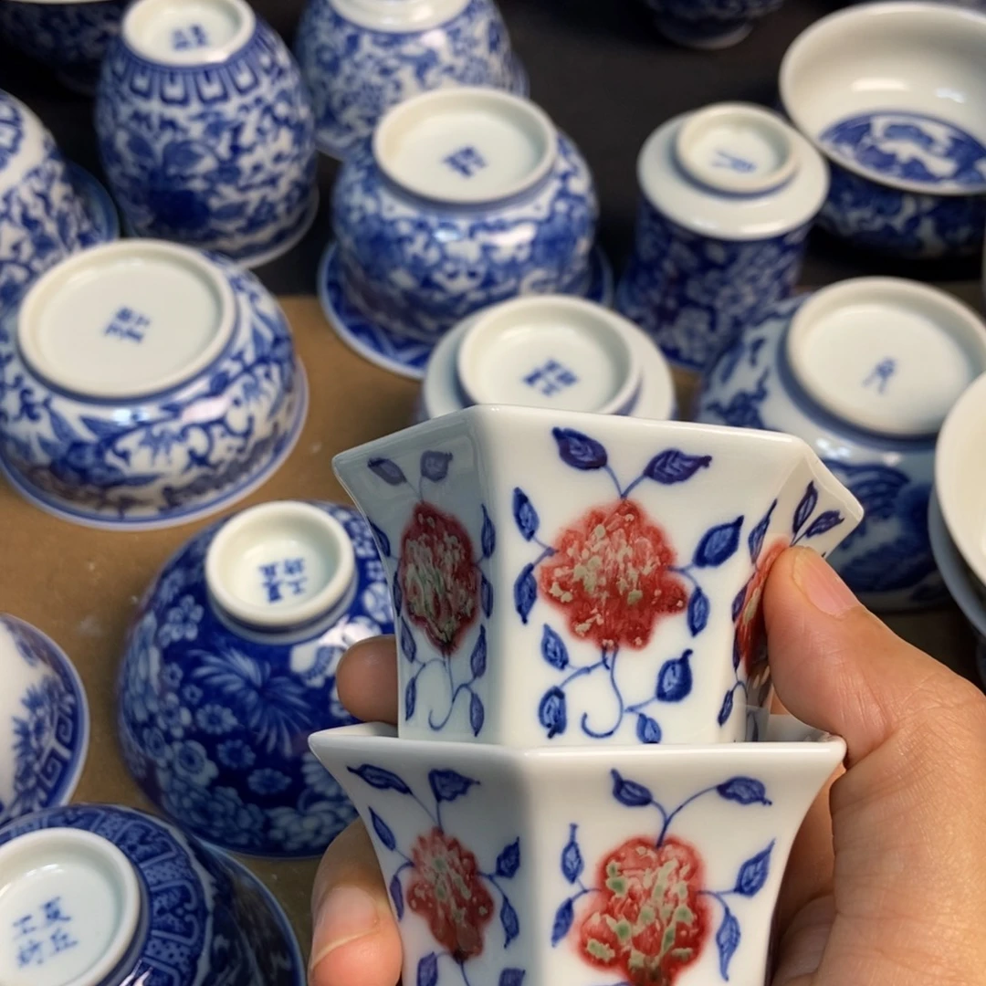 陶瓷釉里红2只6方杯
