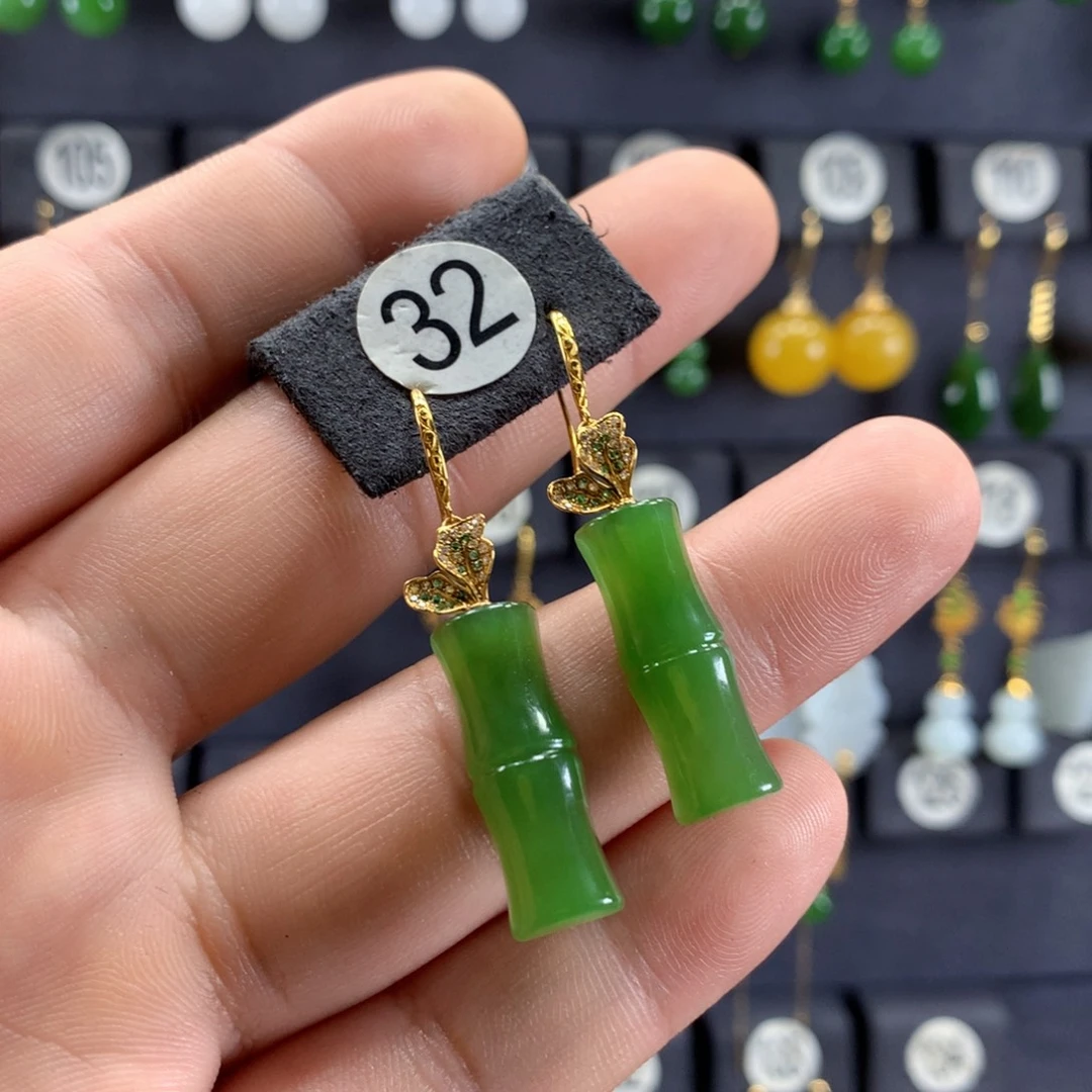 3***8和田玉18K金镶嵌耳饰