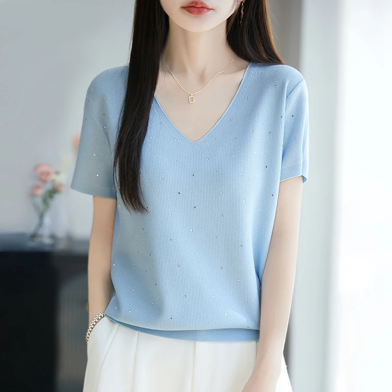 品牌2025夏季纯色针织衫短袖Tt恤女时尚水钻V领气质上衣薄女士